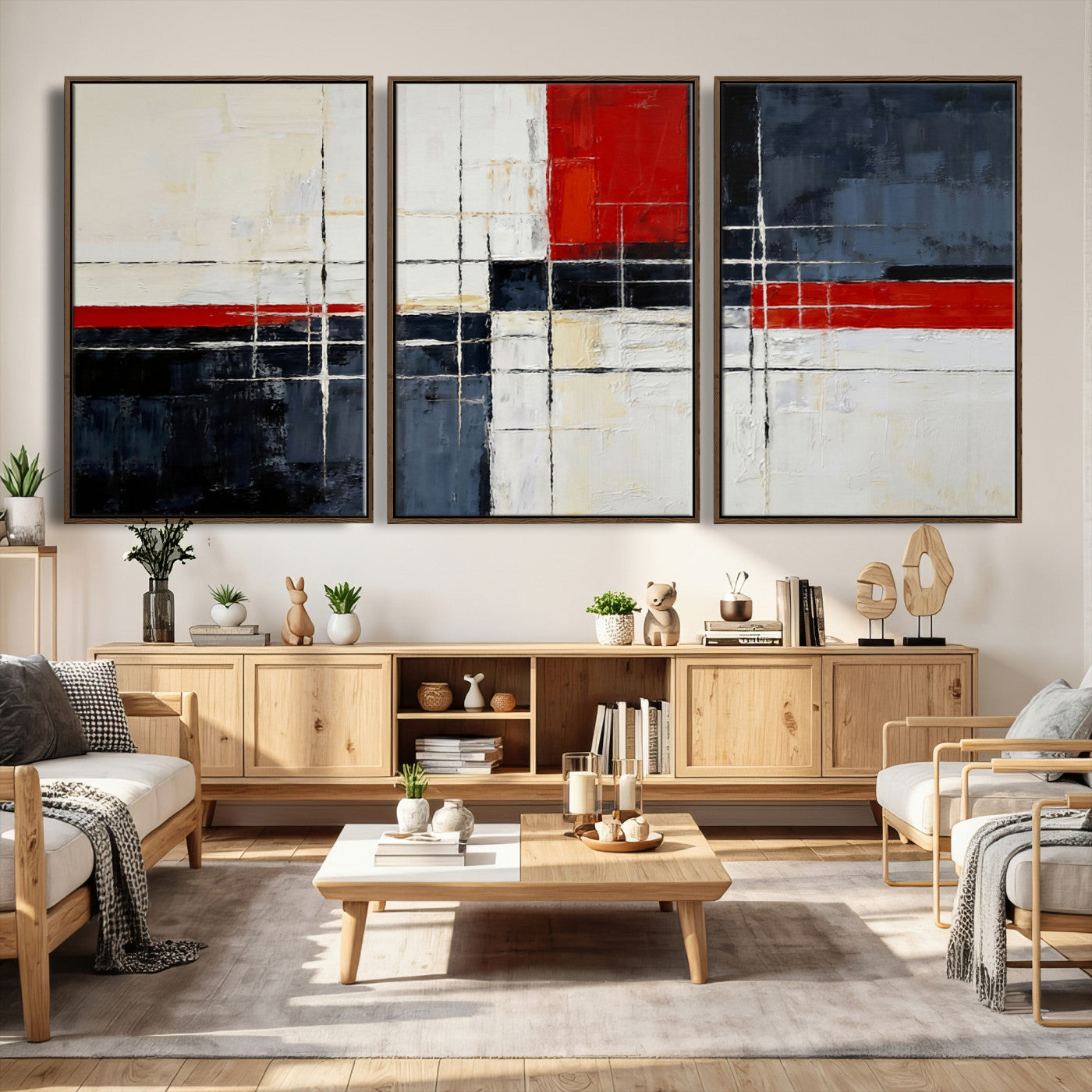 44088165-MGV-CV-36X24 - Navy Red Abstract Wall Art Canvas Print, Modern Luxury Geometric Painting Wall Decor for Living Room and Office