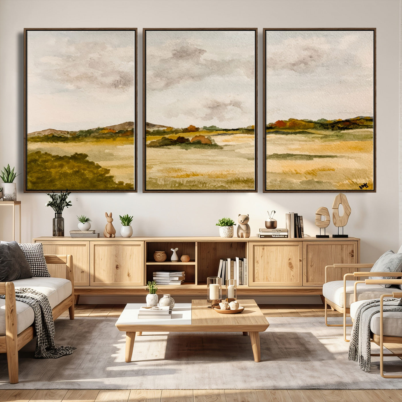94151004-MGV-CV-36X24 - Watercolor Abstract Countryside Wall Art Canvas Print, Neutral Pastoral Landscape Painting Wall Decor for Modern Farmhouse Interiors