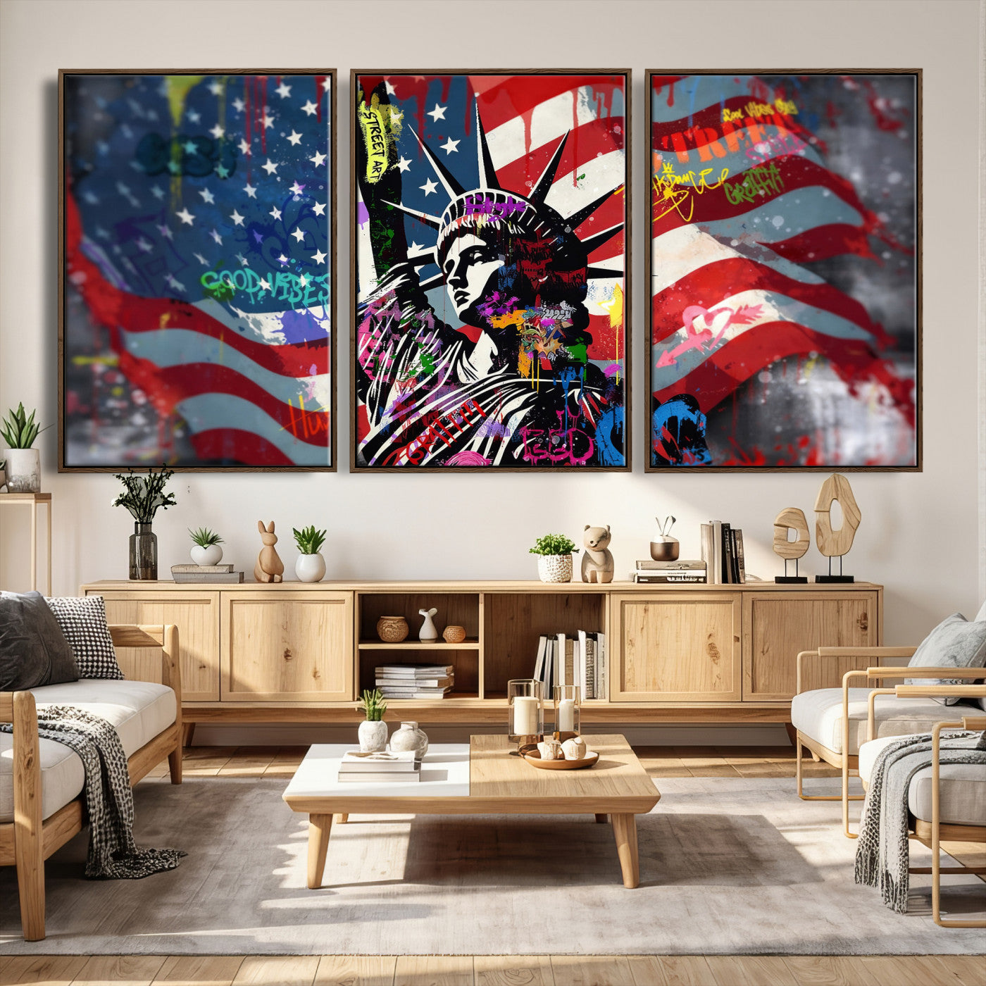 32151941-MGV-CV-36X24 - USA Statue of Liberty Graffiti Street Art Wall Art Canvas Print, American Flag Urban Pop Art Canvas Print, Modern Patriotic Street Art Contemporary Art Printing