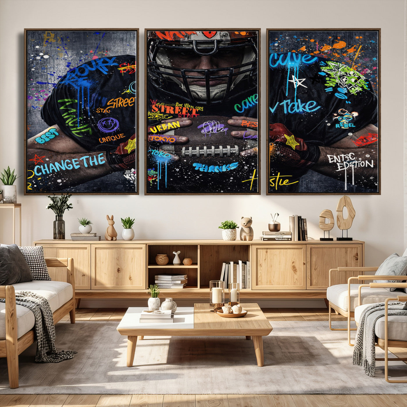 55267256-MGV-CV-36X24 - Graffiti American Football Player Street Art Wall Art Canvas Print, Urban Sports Pop Art Football Canvas Print, Modern Athletic Graffiti Contemporary Art Printing