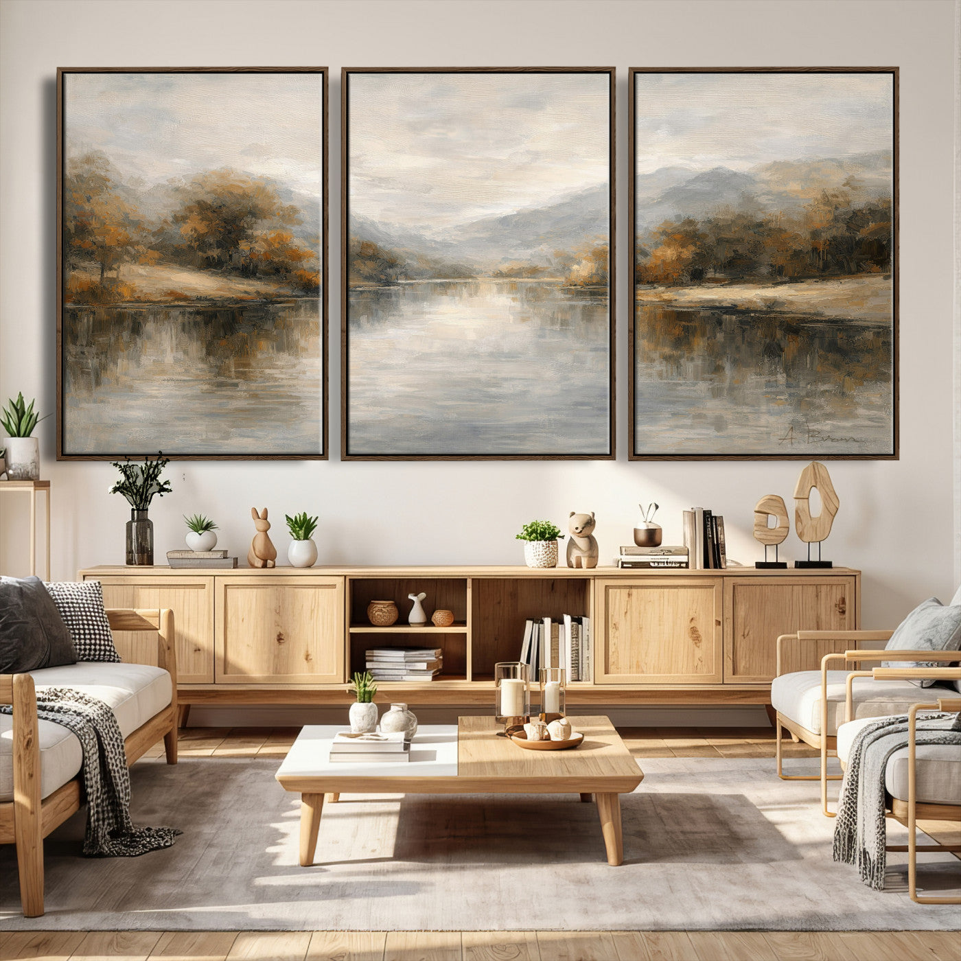 29251761-MGV-CV-36X24 - Neutral Abstract River Landscape Wall Art Canvas Print, Modern Minimal Nature Reflection Canvas Print, Beige Gray Contemporary Mountain Art Printing