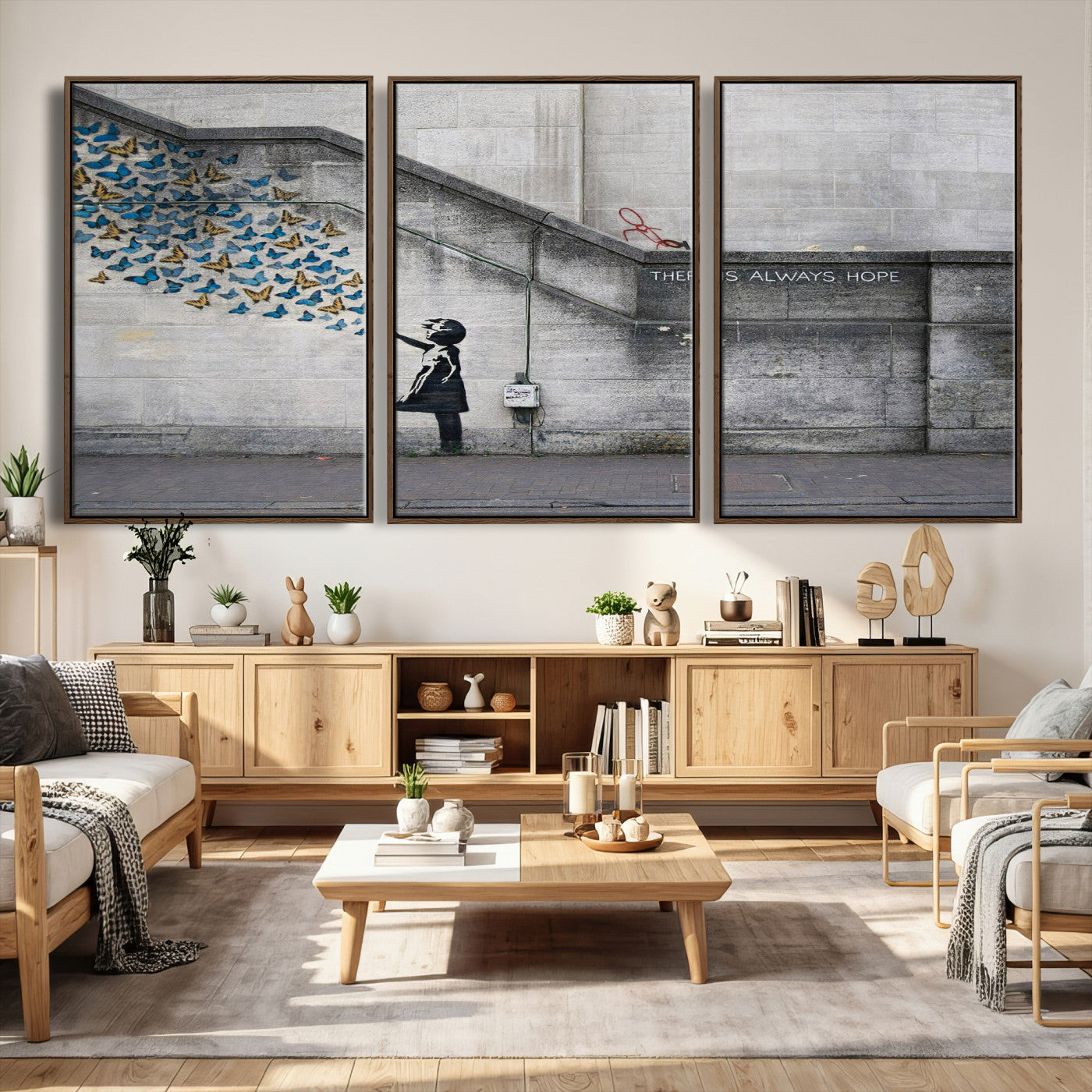 15274223-MGV-CV-36X24 - Banksy Girl with Butterflies Street Art Wall Art Canvas Print, Hope Graffiti Urban Art Canvas Print, Minimalist Inspirational Street Art Contemporary Art Printing