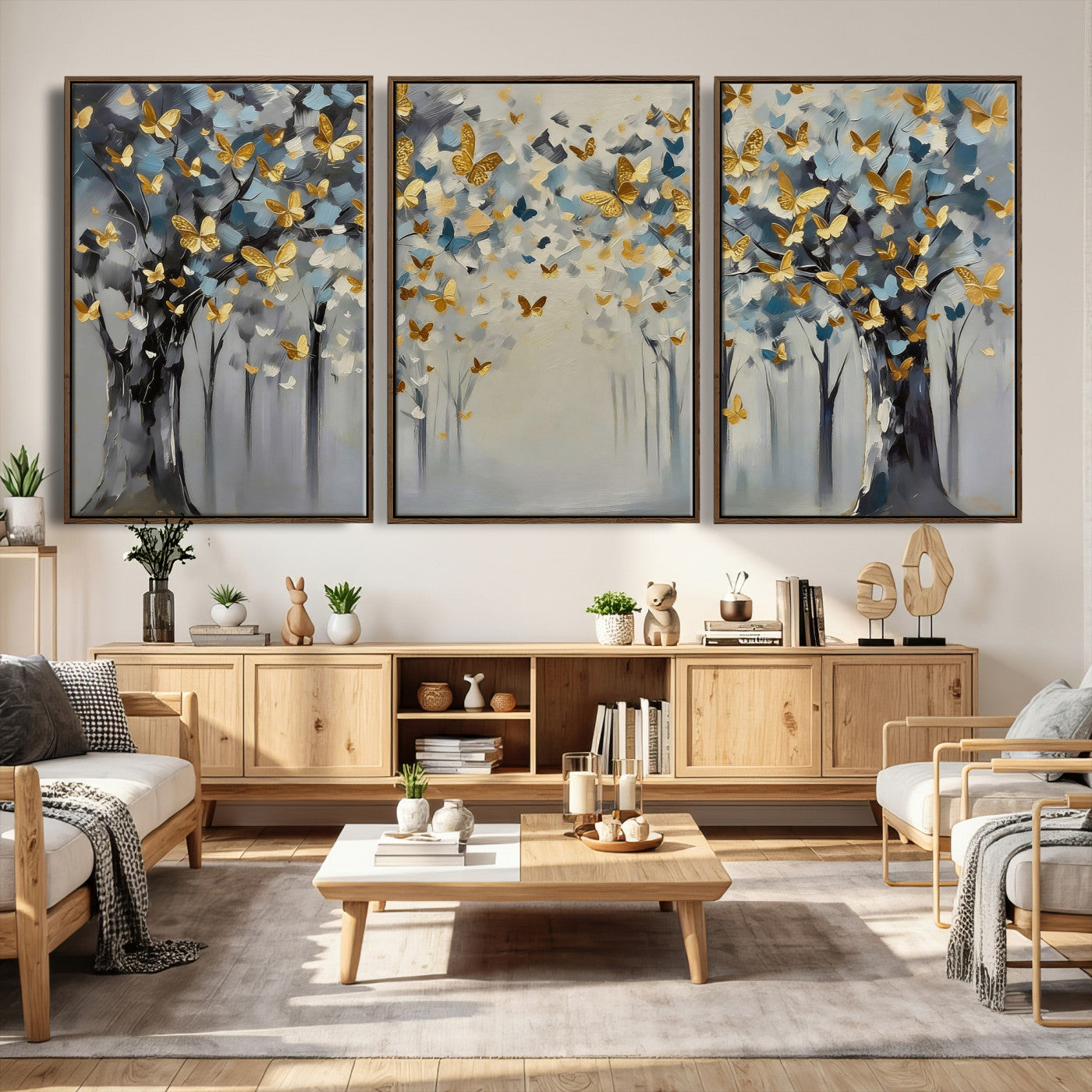79208191-MGV-CV-36X24 - Golden Butterfly Tree Abstract Wall Art Canvas Print, Modern Elegant Nature Painting Canvas Print, Blue Gold Contemporary Floral Art Printing