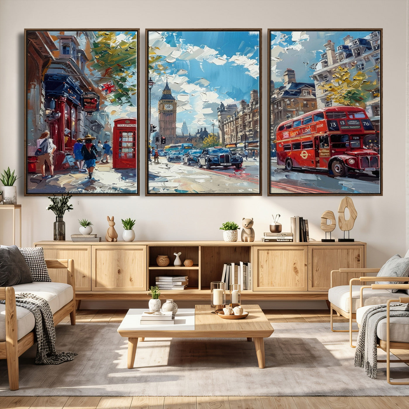 17630888-MGV-CV-36X24 - Modern London City Street Wall Art Canvas Print, Big Ben & Red Bus Artwork Canvas Print