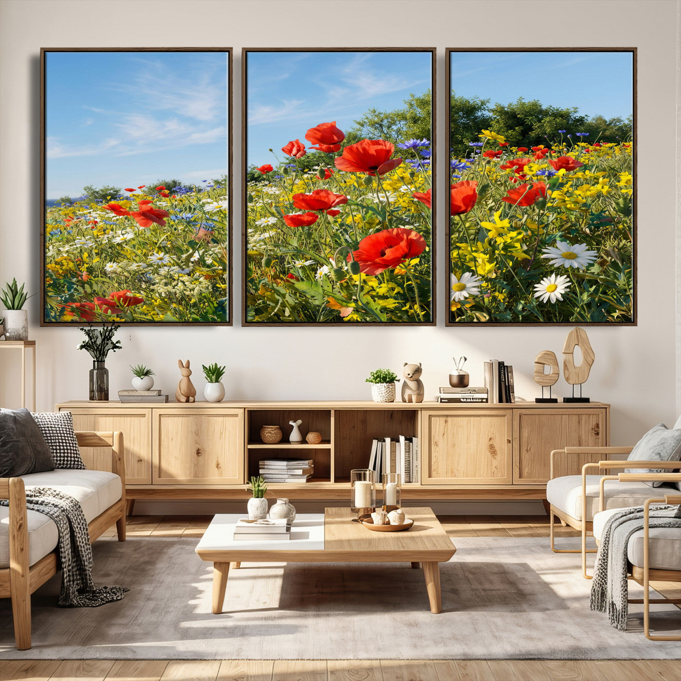 38570784-MGV-CV-36X24 - Wildflower Meadow Wall Art Canvas Print – Colorful Poppy and Daisy Field Landscape Artwork for Living Room Decor