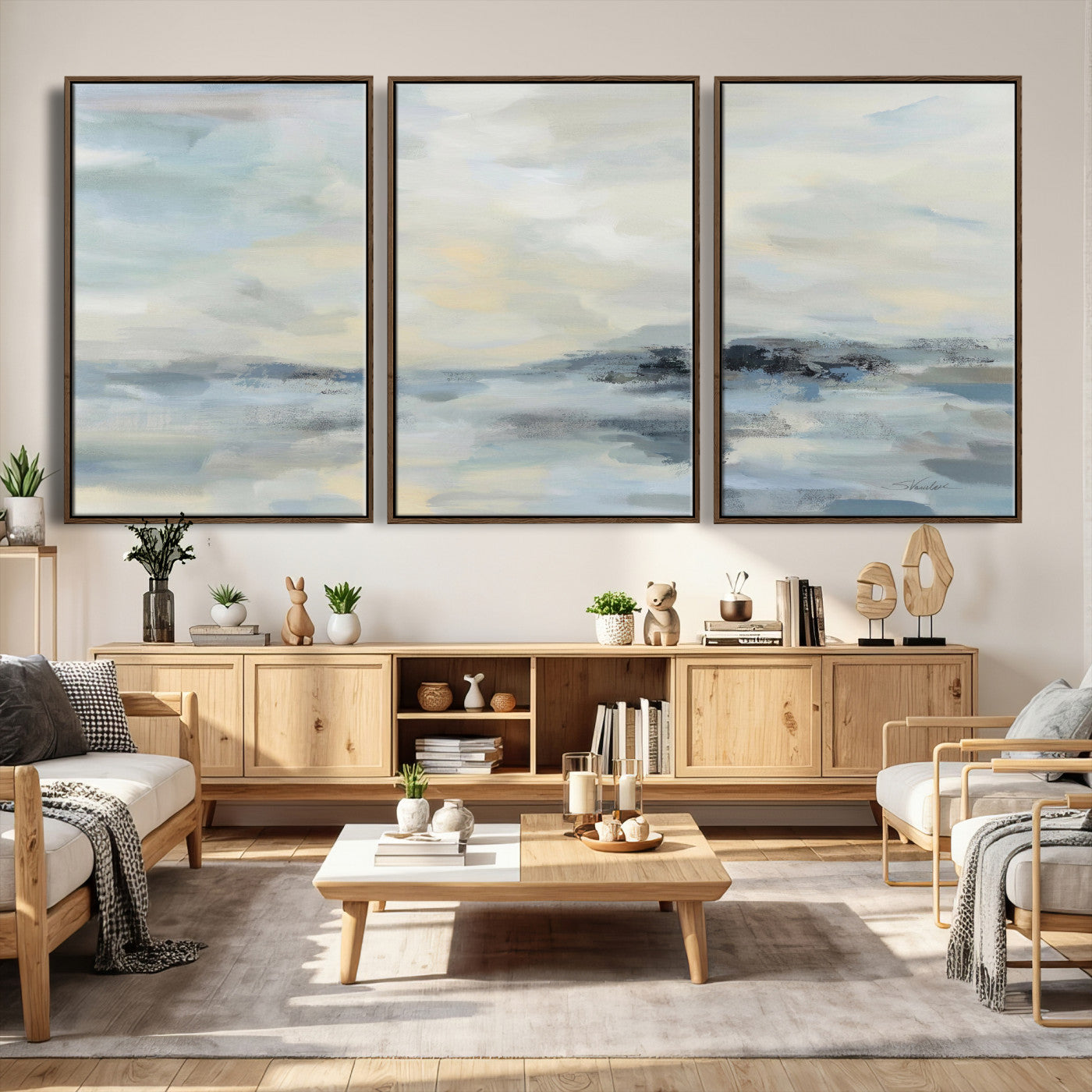 24647355-MGV-CV-36X24 - Abstract Coastal Landscape Wall Art Canvas Print – Soft Blue Gray Minimalist Painting