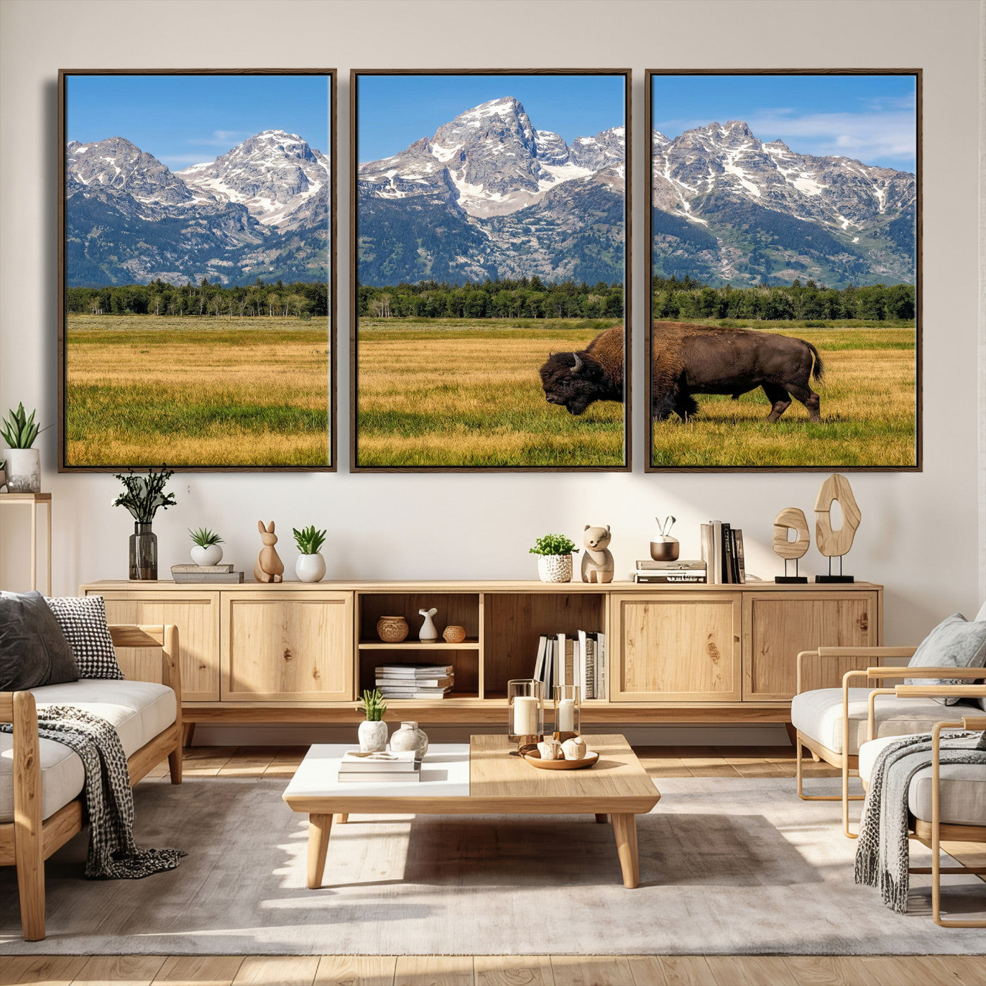 20424529-MGV-CV-36X24 - Bison in Mountain Landscape Wall Art Canvas Print – Western Wildlife Artwork for Rustic Living Room Decor