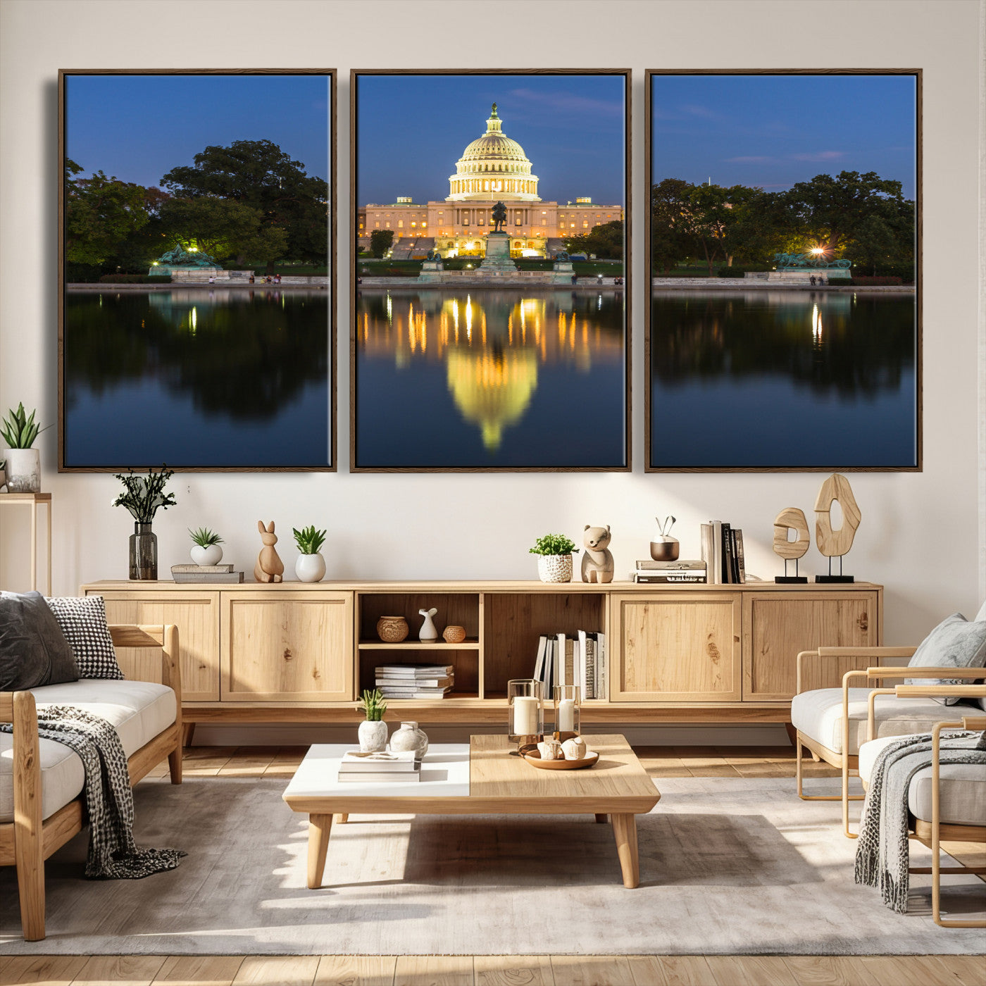 95568590-MGV-CV-36X24 - US Capitol Building Wall Art Canvas Print – Washington DC Landmark Night Reflection Artwork for Office Decor