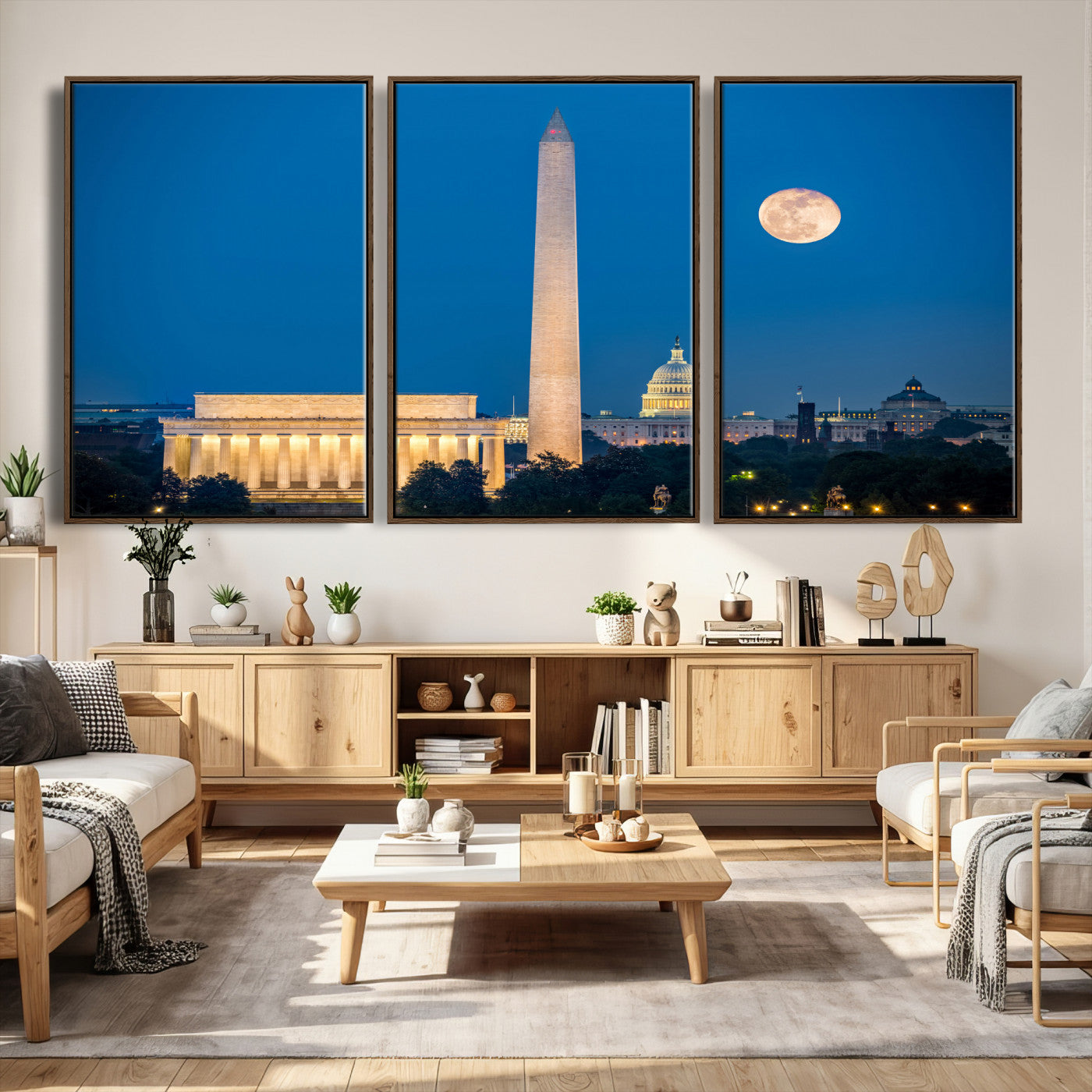 96712946-MGV-CV-36X24 - Washington DC Skyline Wall Art Canvas Print – Lincoln Memorial, Washington Monument and US Capitol Night Cityscape Artwork