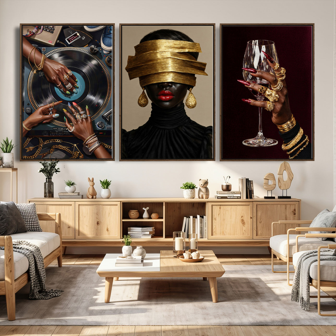 8151788S6-MGV-CV-60X30-3P - Luxury Fashion Wall Art Canvas Print Set of 3, Gold Jewelry Portrait Triptych, Glam Black Woman Modern Artwork
