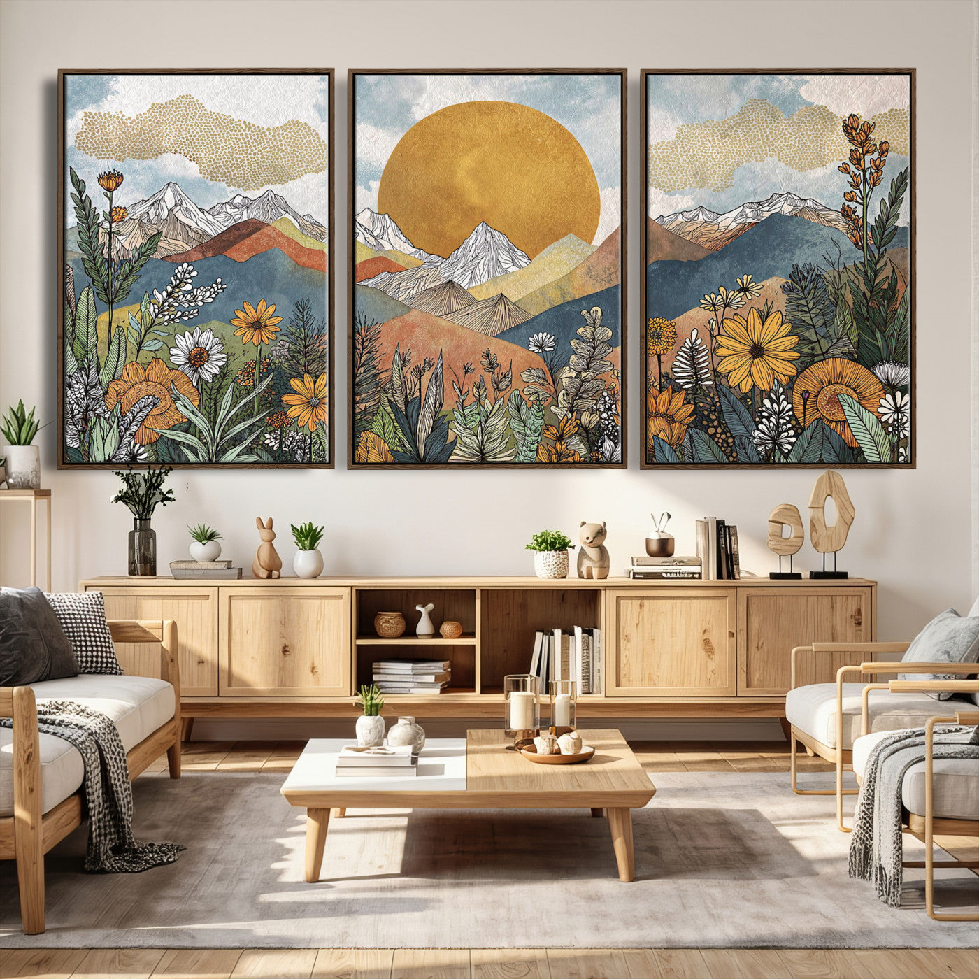17540863-MGV-CV-36X24 - Boho Mountain Landscape Large Wall Art, Horizontal Gold Framed Canvas Print with Sun and Flowers