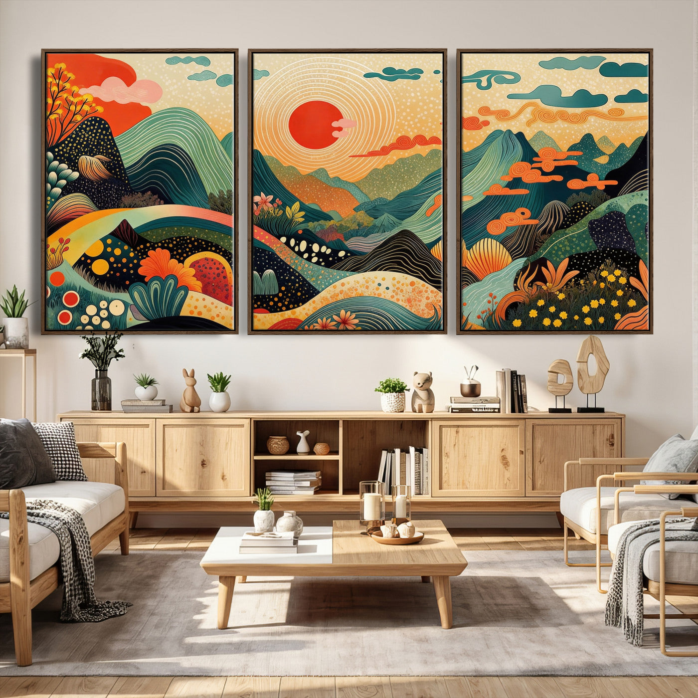 29927191-MGV-CV-36X24 - Yayoi Kusama Boho Mountain Landscape Large Wall Art, Horizontal Gold Framed Canvas Print with Sun and Flowers