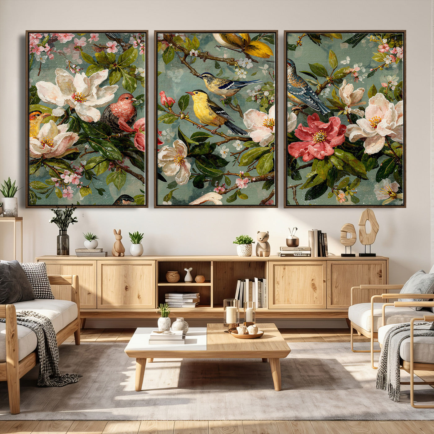 77883606-MGV-CV-36X24 - Vintage Birds and Flowers Wide Wall Art: Extra Large Panoramic Botanical Print