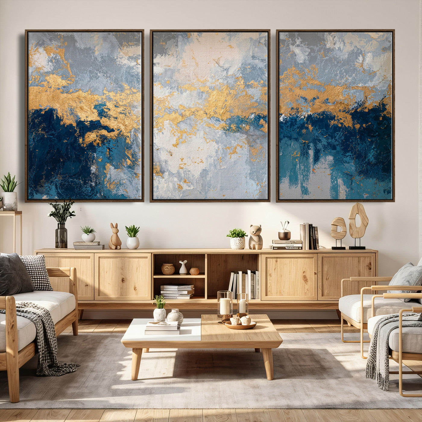 65386119-MGV-CV-36X24 - Blue Gold Abstract Large Framed Canvas Wall Art, Modern Luxury Painting Print in Horizontal Oversized Minimal Wall Decor Artwork
