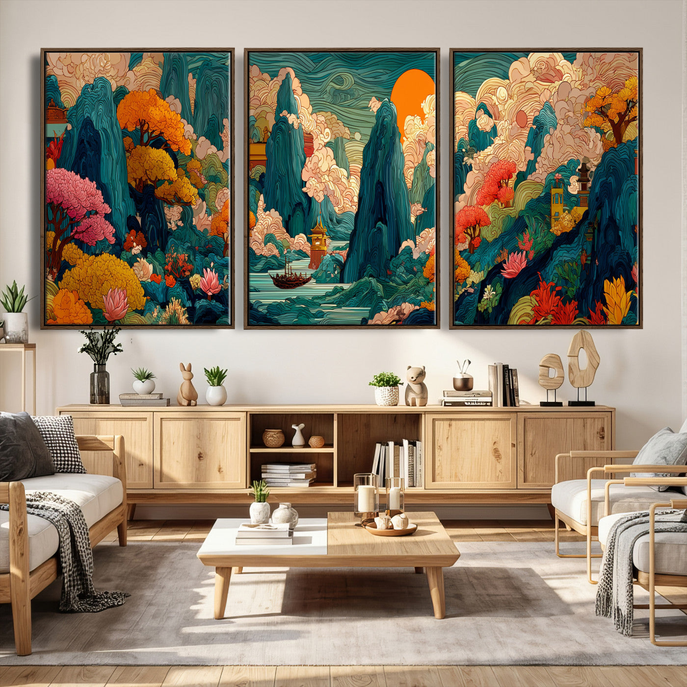 90422518-MGV-CV-48X32-3P - Colorful Japanese Landscape Print: Maximalist Panoramic Wall Art