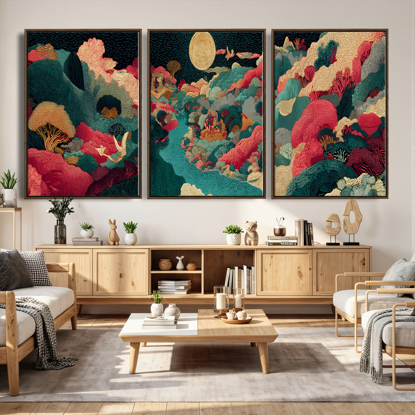 36816259-MGV-CV-48X32-3P - Colorful Japanese Landscape Print: Maximalist Panoramic Wall Art