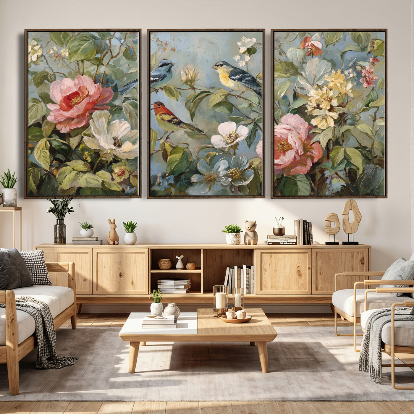 55440837-MGV-CV-36X24 - Vintage Birds and Flowers Wall Art Canvas Print, Botanical Bird Painting Canvas Print, Floral Garden Bird Artwork Canvas Print, Classic Bird Flower Painting Canvas Print