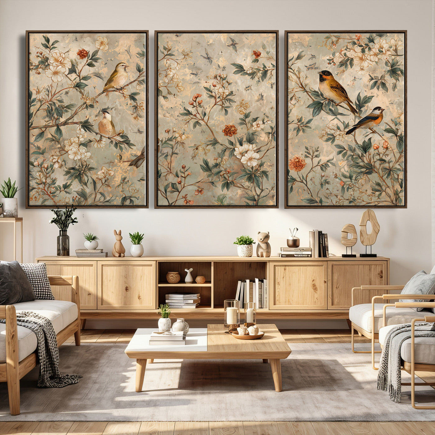 76588438-MGV-CV-36X24 - Vintage Birds and Flowers Wall Art Canvas Print, Botanical Bird Painting Canvas Print, Floral Garden Bird Artwork Canvas Print, Classic Bird Flower Painting Canvas Print