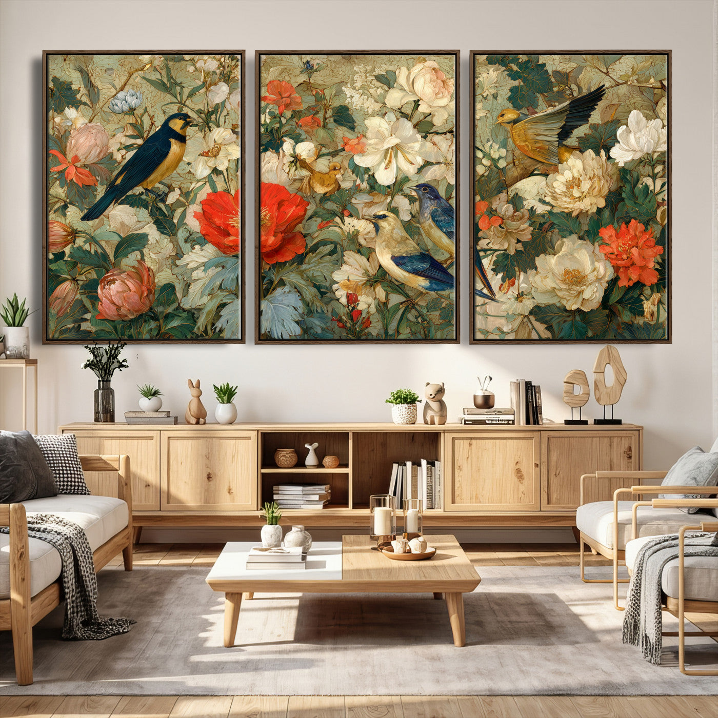 52904757-MGV-CV-36X24 - Vintage Birds and Flowers Wall Art Canvas Print, Botanical Bird Painting Canvas Print, Floral Garden Bird Artwork Canvas Print, Classic Bird Flower Painting Canvas Print