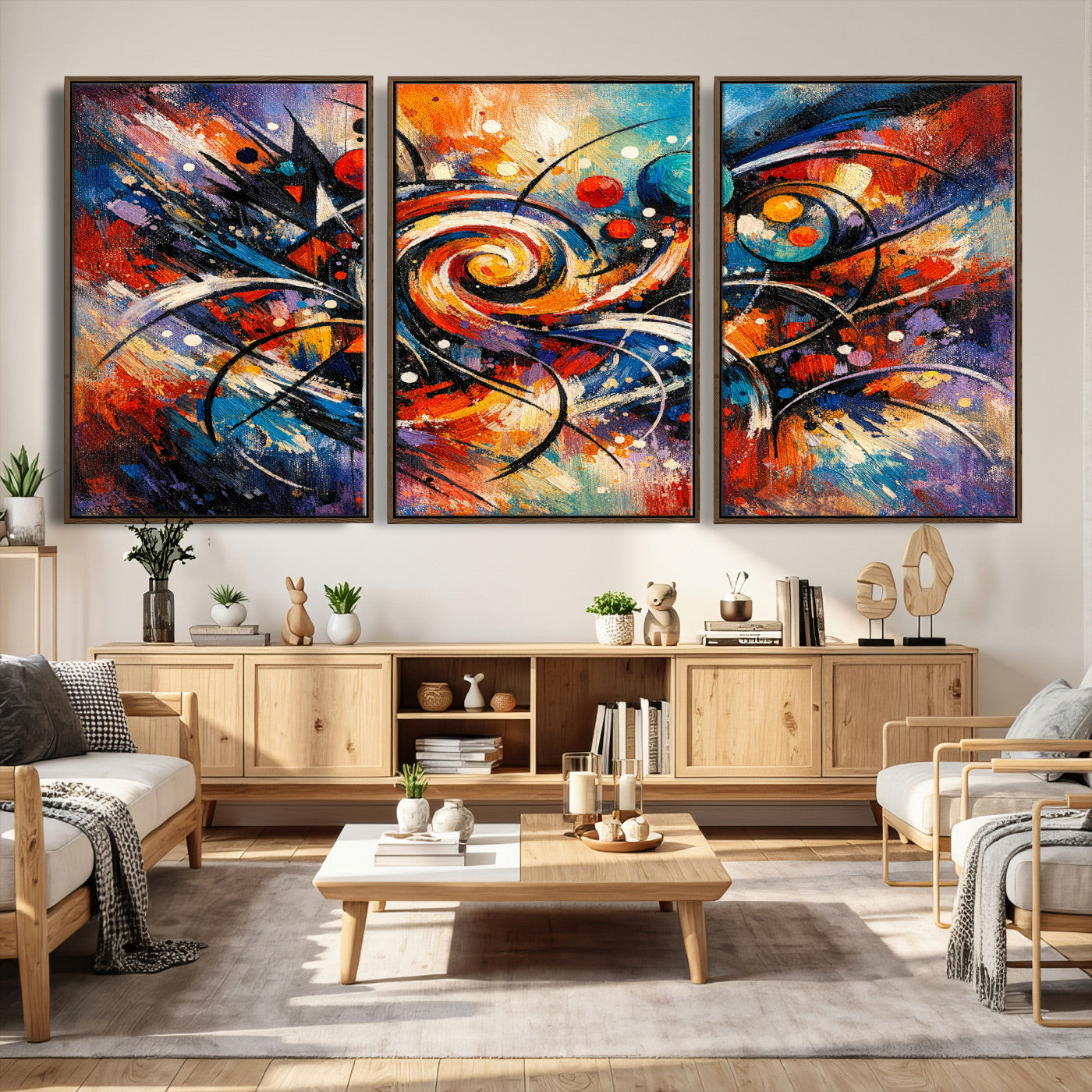 60193267-MGV-CV-36X24 - Geometric Abstract Wall Art Canvas Print, Orange Blue Abstract Expressionist Painting Print, Modern Geometric Abstract Canvas Art