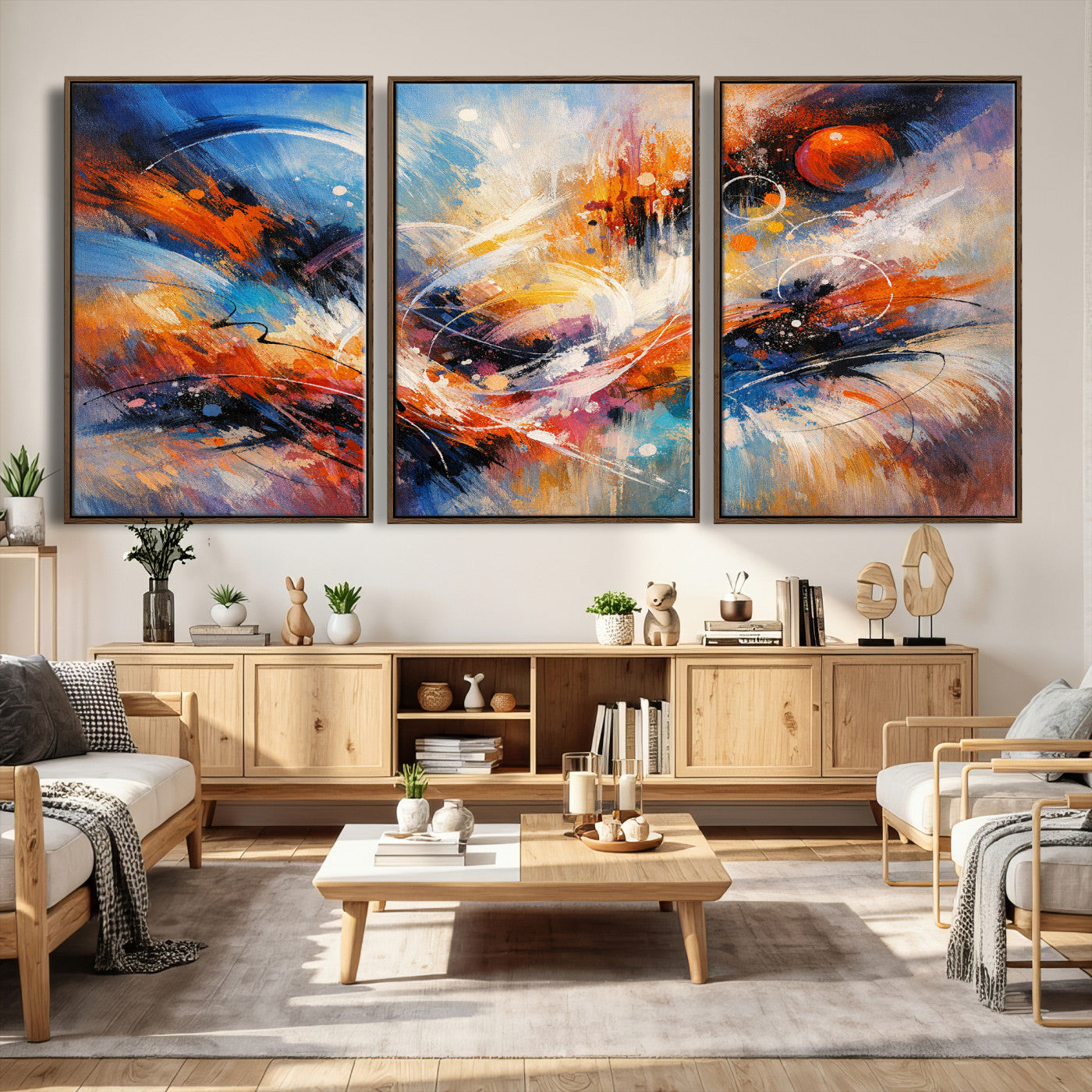 47770355-MGV-CV-36X24 - Geometric Abstract Wall Art Canvas Print, Orange Blue Abstract Expressionist Painting Print, Modern Geometric Abstract Canvas Art