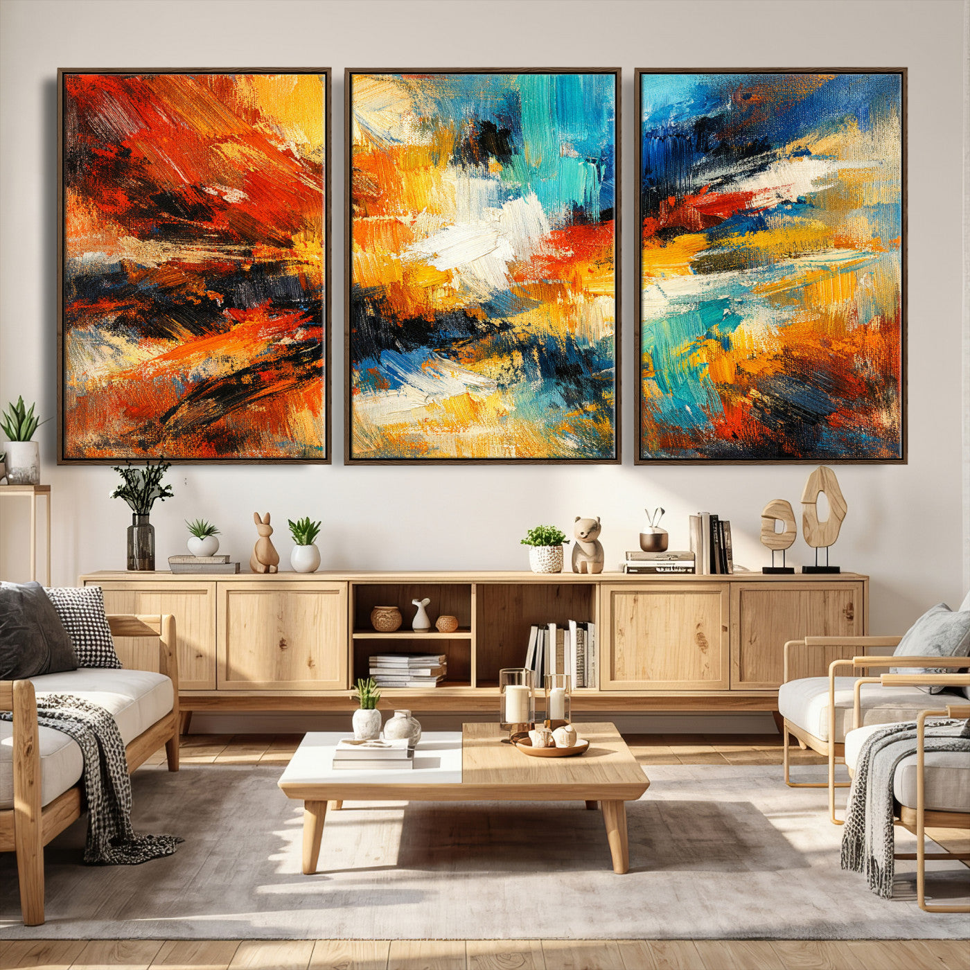 93167583-MGV-CV-36X24 - Geometric Abstract Wall Art Canvas Print, Orange Blue Abstract Expressionist Painting Print, Modern Geometric Abstract Canvas Art