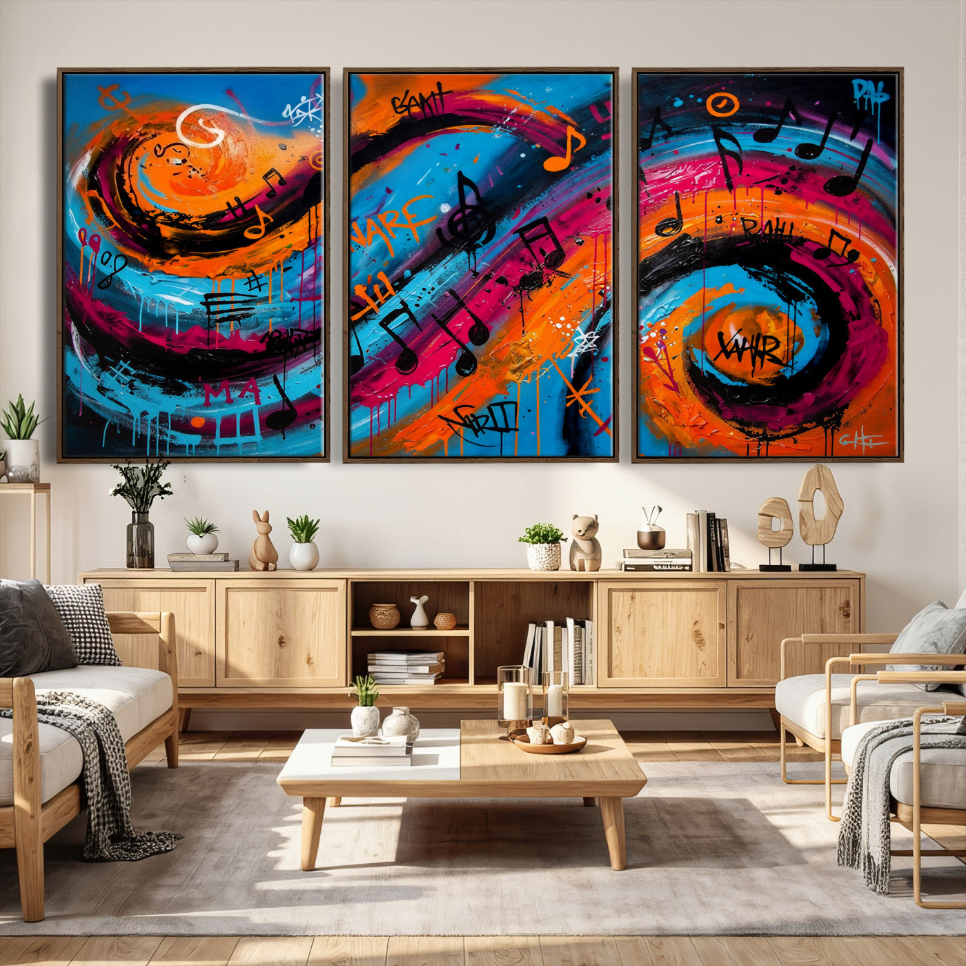 34936518-MGV-CV-36X24 - Geometric Abstract Wall Art Canvas Print, Orange Blue Abstract Expressionist Painting Print, Modern Geometric Abstract Canvas Art