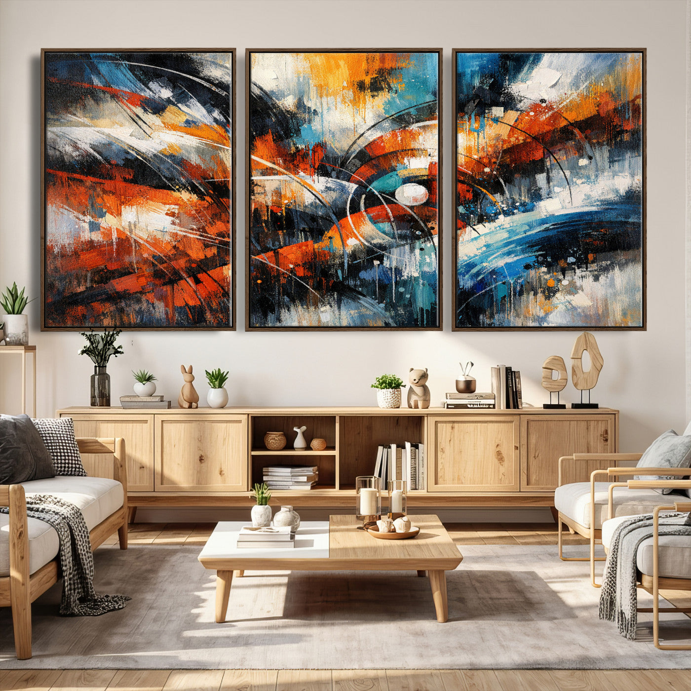 47120691-MGV-CV-36X24 - Geometric Abstract Wall Art Canvas Print, Orange Blue Abstract Expressionist Painting Print, Modern Geometric Abstract Canvas Art