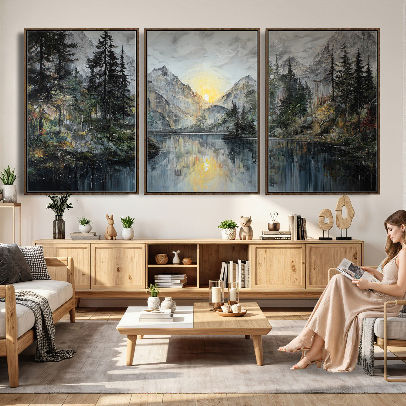 72377107-MGV-CV-60X30-3P - Drip Style Forest Lake Gold Art — Abstract Expressionist Mountain Print | Grey Pine Tree Canvas | Moody Nature Wall Decor | Large Panoramic Art