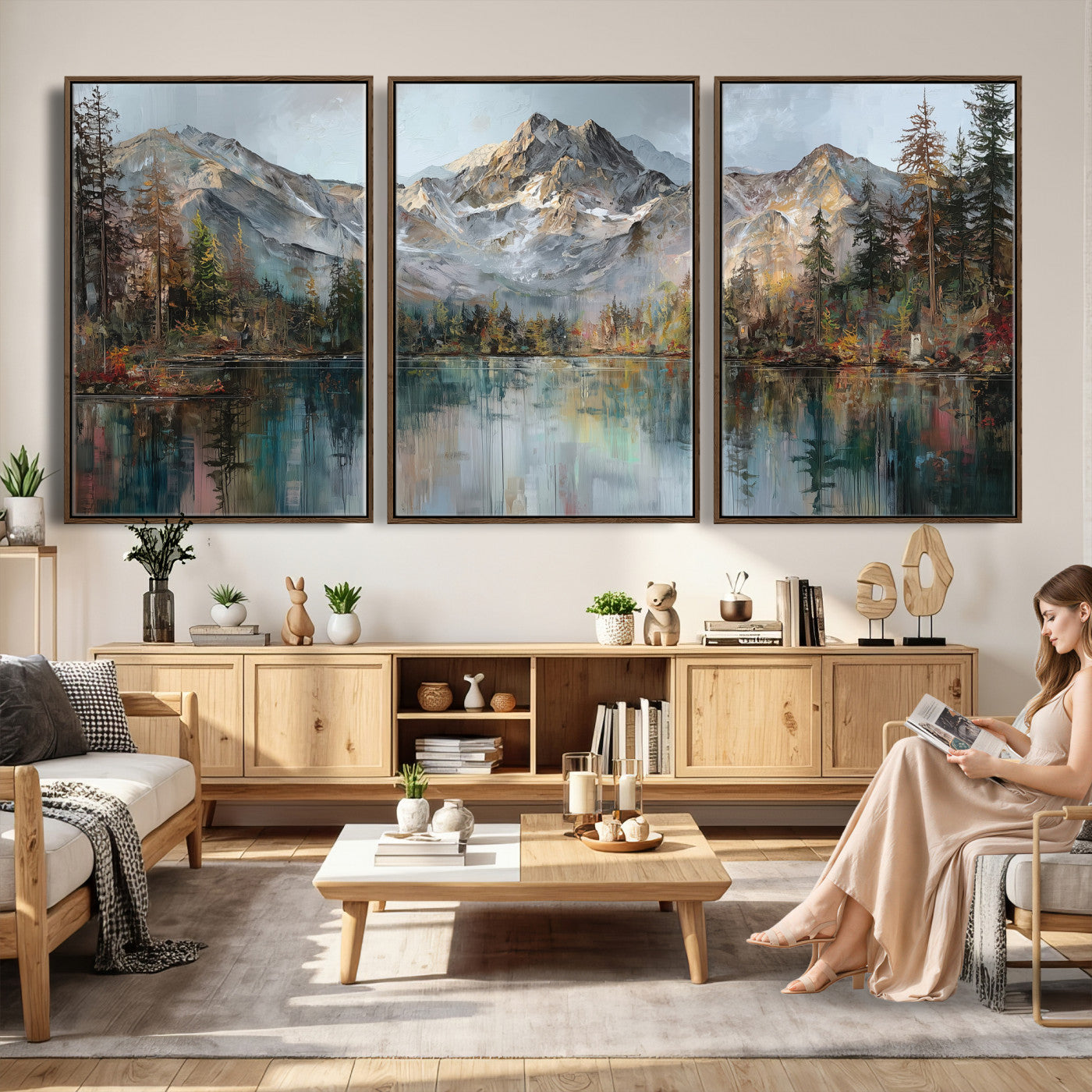 15527546-MGV-CV-60X30-3P - Drip Style Forest Lake Gold Art — Abstract Expressionist Mountain Print | Grey Pine Tree Canvas | Moody Nature Wall Decor | Large Panoramic Art