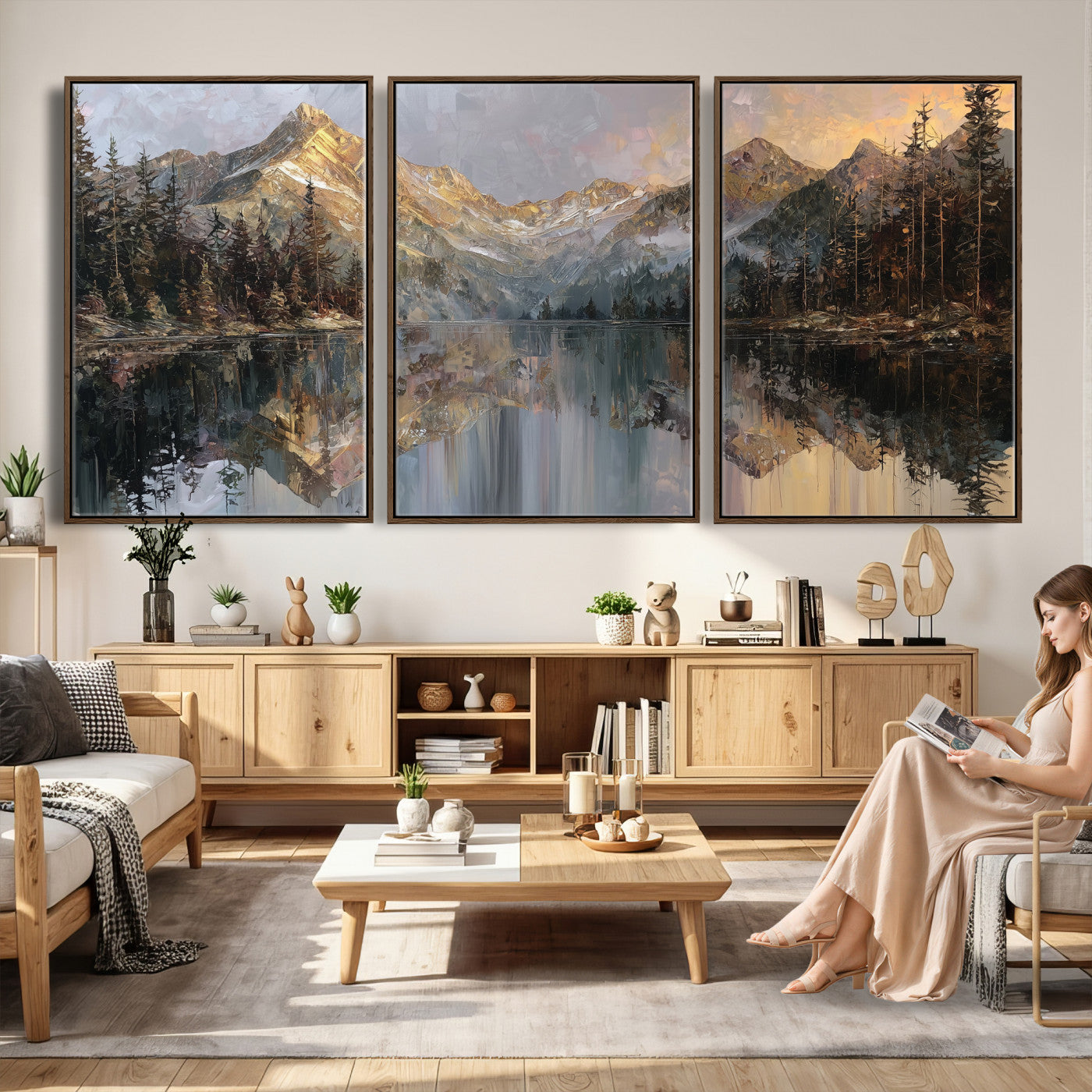 37675699-MGV-CV-60X30-3P - Drip Style Forest Lake Gold Art — Abstract Expressionist Mountain Print | Grey Pine Tree Canvas | Moody Nature Wall Decor | Large Panoramic Art