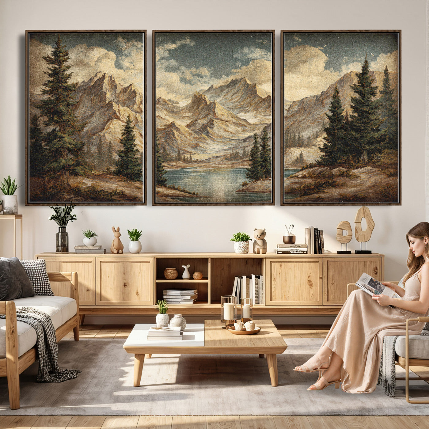 62093020-MGV-CV-60X30-3P - Drip Style Forest Lake Gold Art — Abstract Expressionist Mountain Print | Grey Pine Tree Canvas | Moody Nature Wall Decor | Large Panoramic Art