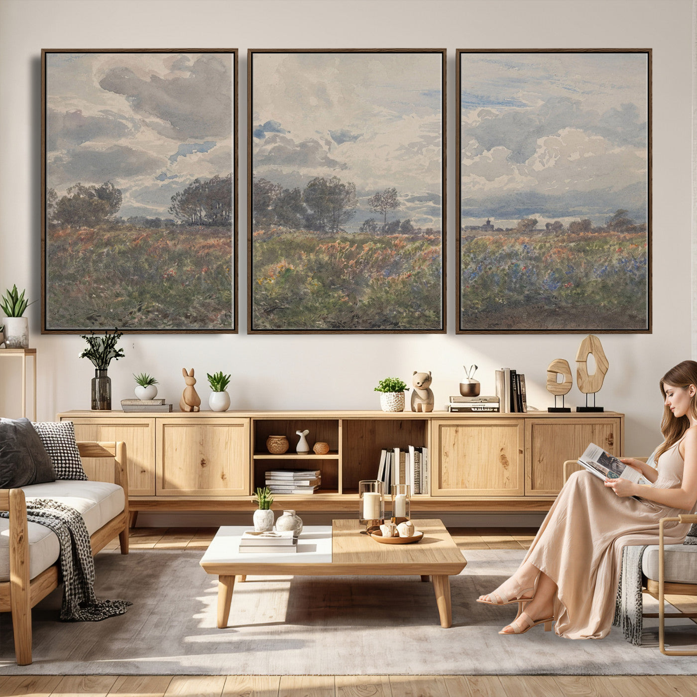 76626885-MGV-CV-36X24 - Vintage Watercolor Meadow Canvas Wall Art — English Pastoral Wildflower Storm Sky Print | Cottagecore Nature Decor | Classic Landscape Gift