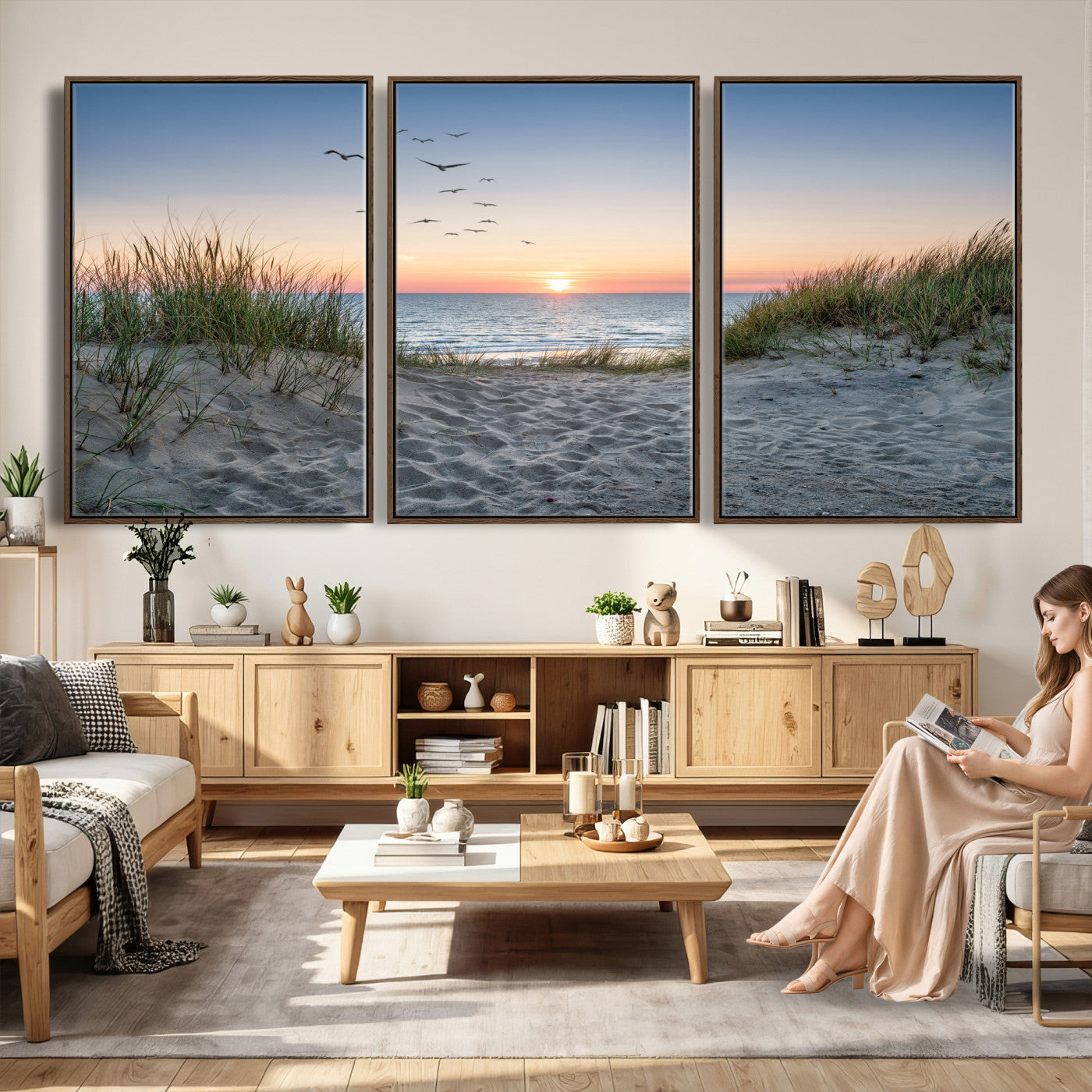 12172032-MGV-CV-36X24 - Sandy Dune Path Sunset Canvas Wall Art — Seagulls Beach Ocean Photography Print | Coastal Home Decor | Nautical Wall Art | Beach House Gift