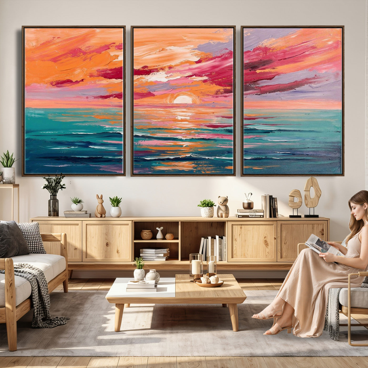 26763902-MGV-CV-36X24 - Bold Palette Knife Ocean Sunset Canvas — Orange Pink Teal Expressionist Sea Print | Colorful Coastal Wall Art | Vibrant Beach Decor Gift