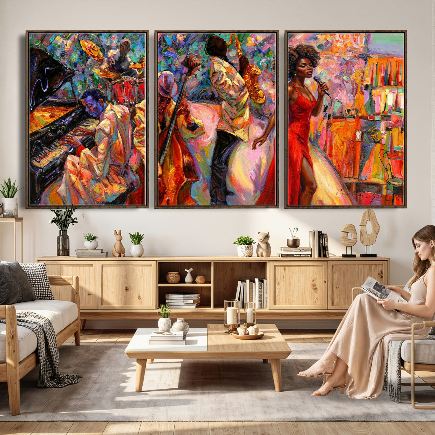 72615137-MGV-CV-36X24 - African American Jazz Singer Canvas Art - Red Dress Black Woman Music Print | Colorful Jazz Band Wall Decor | Living Room Gift for Her