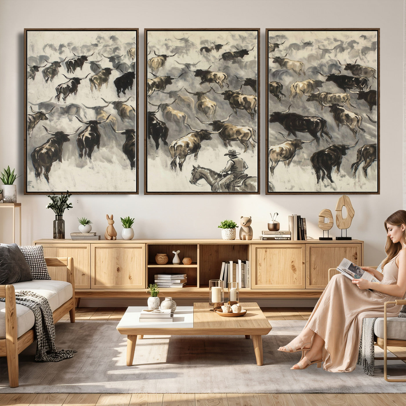 48049876-MGV-CV-36X24 - Cowboy Cattle Drive Canvas Wall Art, Western Longhorn Herd Ink Painting Print, Ranch Rodeo Decor, Black White Western Art, Large Living Room Art