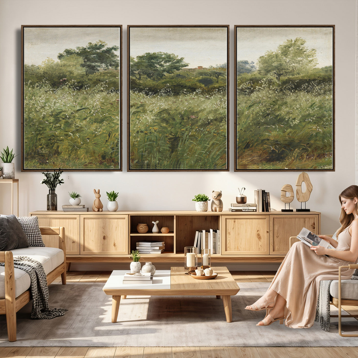 92328261-MGV-CV-36X24 - Wildflower Meadow Canvas Wall Art, Impressionist Overgrown Field Painting Print, Vintage Green Nature Decor, Cottagecore Botanical Art, Living Room Print