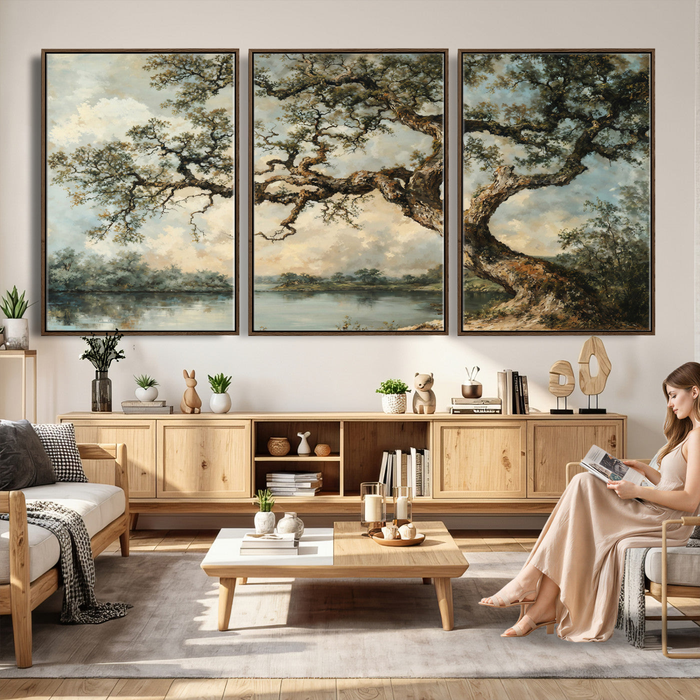 63857726-MGV-CV-36X24 - Old Oak Tree Canvas Wall Art, Turner Inspired Romantic Landscape Print, Vintage Nature Painting, Living Room Wall Decor, Antique Style Tree Art