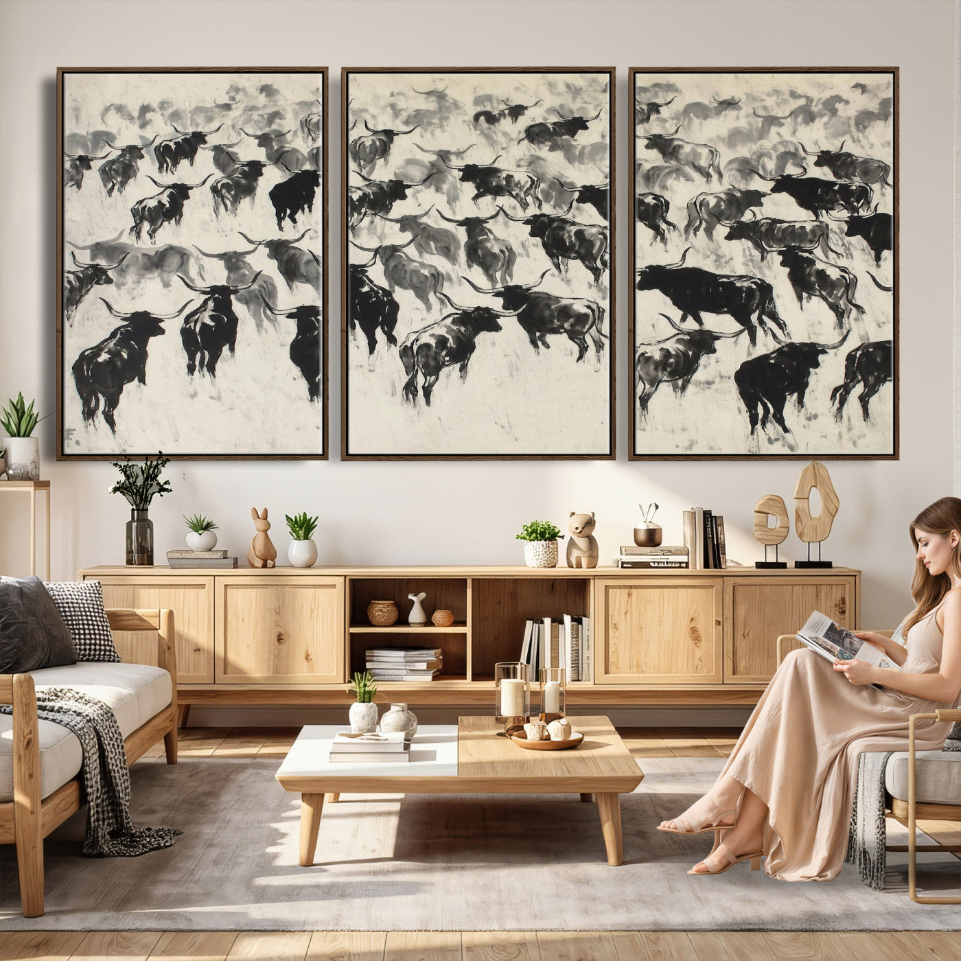 68669792-MGV-CV-36X24 - Longhorn Cattle Canvas Wall Art, Black White Stampede Ink Painting Print, Western Farmhouse Decor, Bull Herd Art, Large Living Room Wall Art, Ranch Home Decor