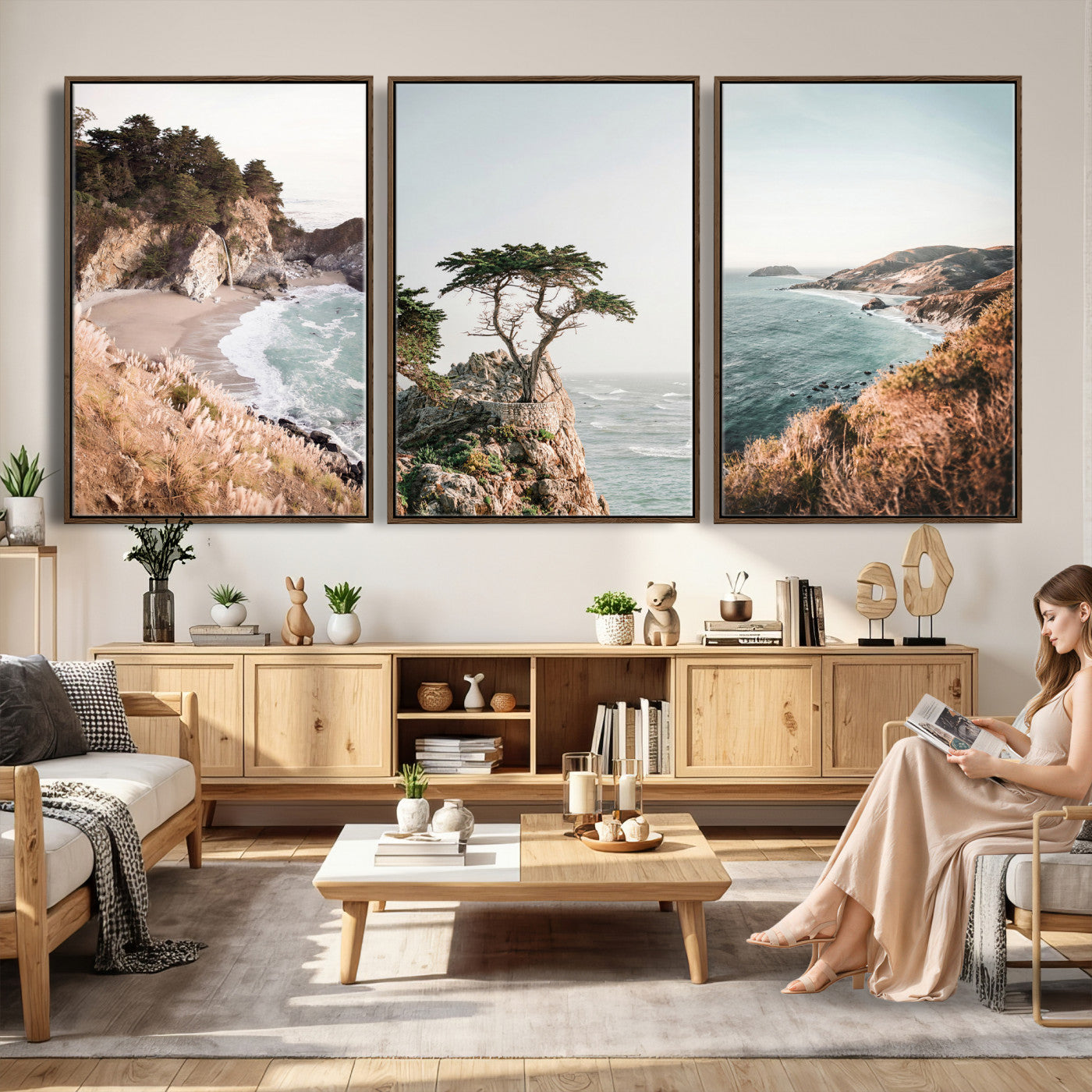 68839391G-MGV-CV-60X30-3P - California Coast Canvas Wall Art Set, Big Sur McWay Falls Lone Cypress Triptych Print, Coastal Photography Decor, Beach House Wall Art