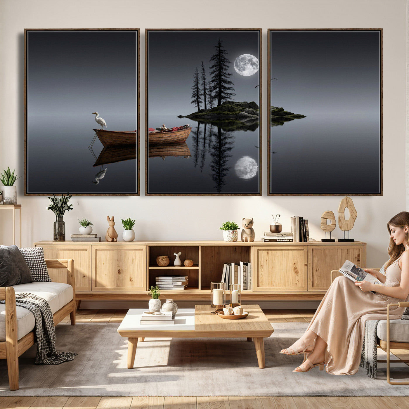68839391D-MGV-CV-60X30-3P - Moonlit Lake Canvas Wall Art, Dreamy Boat Heron Full Moon Night Print, Dark Fantasy Nature Decor, Moody Bedroom Art, Surreal Landscape Wall Art