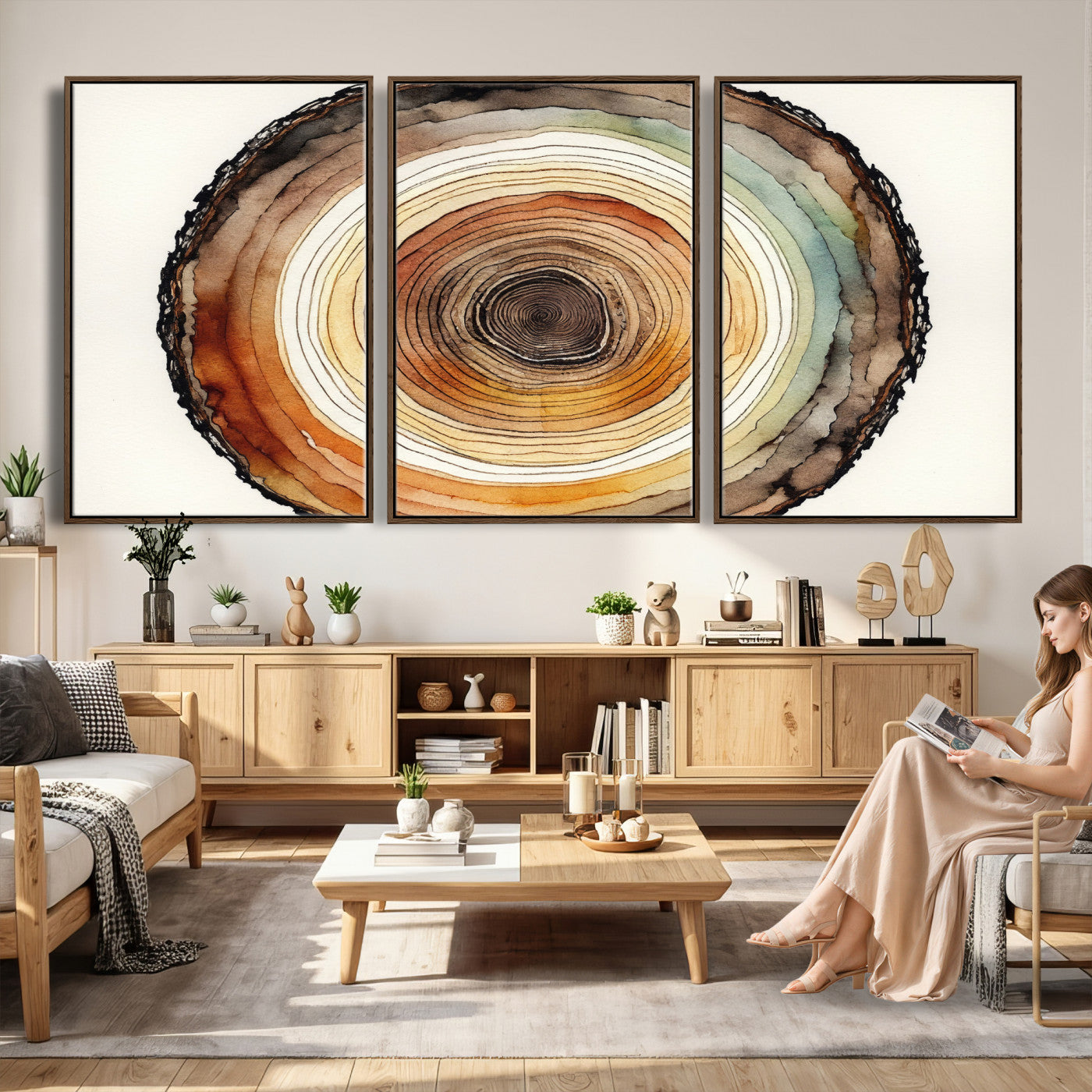 13719680-MGV-CV-36X24 - Natural Wood Slice Wall Art Canvas Print, Tree Ring Wall Art, Framed Abstract Nature Wall Decor, Earth Tone Statement Canvas Print