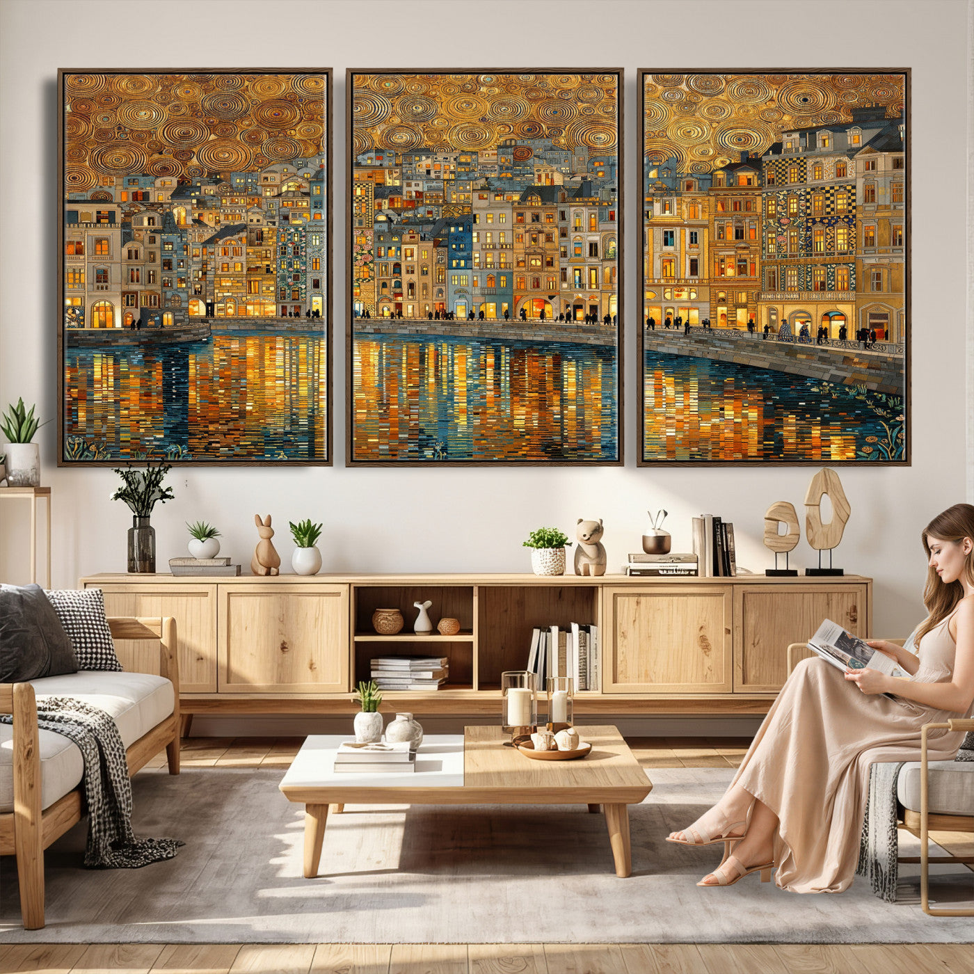 94022787-MGV-CV-36X24 - Gustav Klimt Golden Cityscape Wall Art Canvas Print, Framed River Town Landscape Artwork, Ornate Architecture Wall Decor for Living Room Bedroom Office