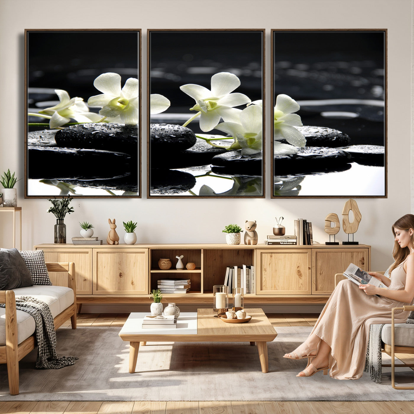 79486206-MGV-CV-36X24 - Plumeria Frangipani Black Stone Canvas | White Flower Spa Photography Print | Tropical Zen Wall Art | Grey Pebble Floral for Meditation Room Decor