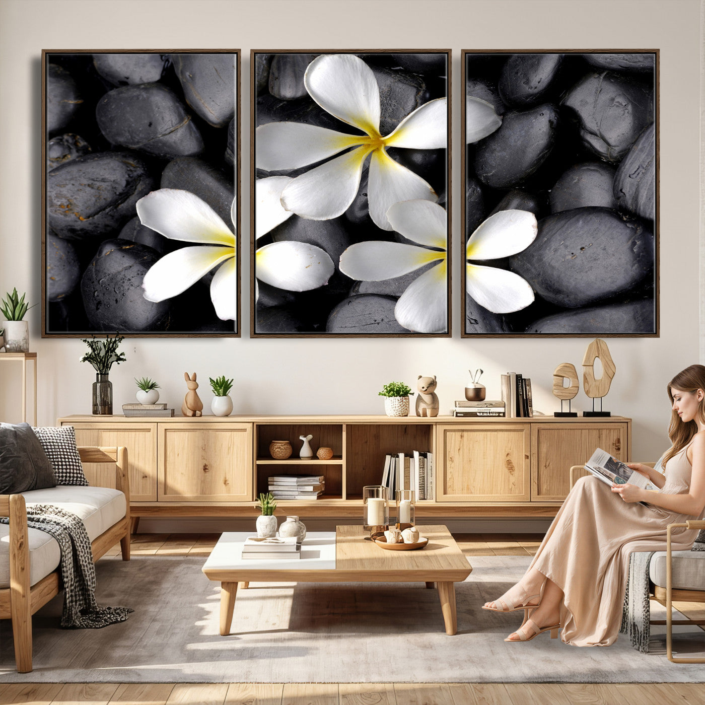 43639613-MGV-CV-36X24 - Plumeria Frangipani Black Stone Canvas | White Flower Spa Photography Print | Tropical Zen Wall Art | Grey Pebble Floral Decor