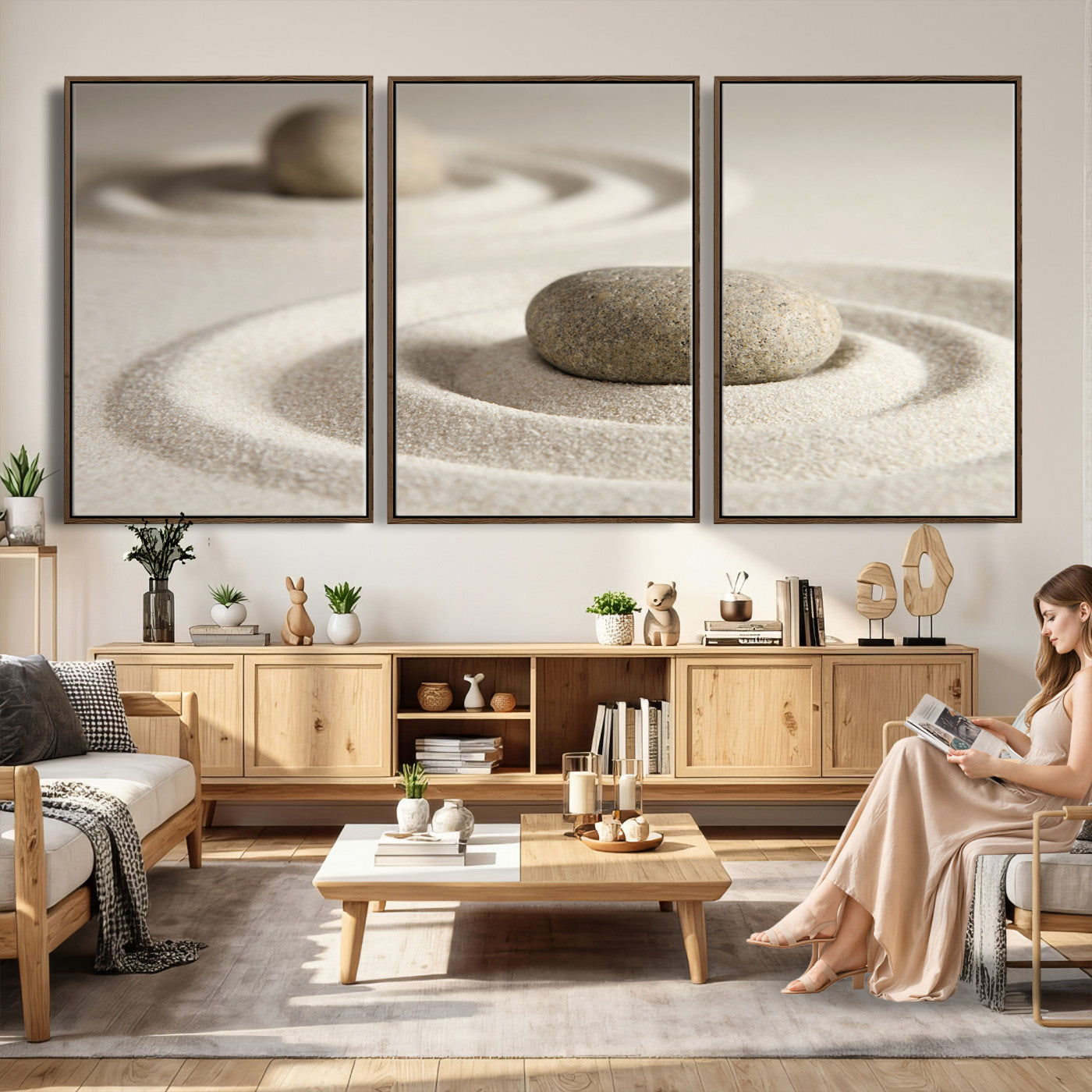 13397966-MGV-CV-36X24 - Zen Garden Stone Sand Canvas | Japanese Rock Garden Wall Art | Minimalist Meditation Print | Neutral Beige Mindfulness Decor