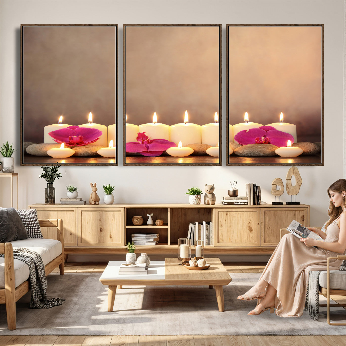 59470569-MGV-CV-36X24 - Spa Candles Orchid Canvas Print | Zen Wellness Relaxation Wall Art | Pink Flower Candlelight Bathroom Decor | Calm Beige Photography