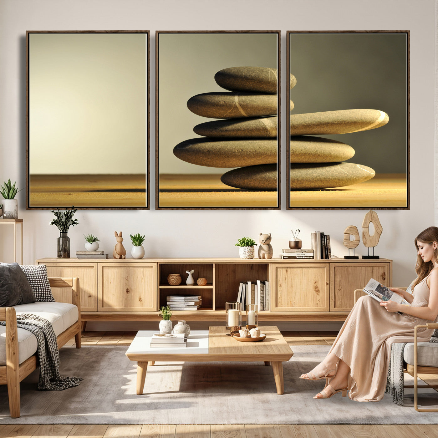 85424263-MGV-CV-36X24 - Zen Stone Wall Art Canvas Print, Balanced Rock Stack Framed Spa Artwork, Minimalist Meditation Decor for Living Room Bedroom Office Bathroom