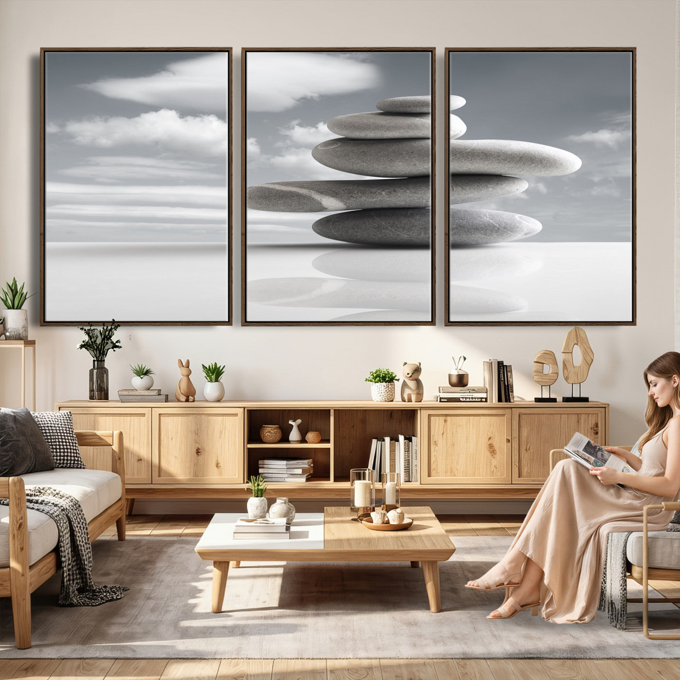 86426188-MGV-CV-36X24 - Zen Stone Wall Art Canvas Print, Balanced Rock Stack Framed Spa Artwork, Minimalist Meditation Decor for Living Room Bedroom Office Bathroom